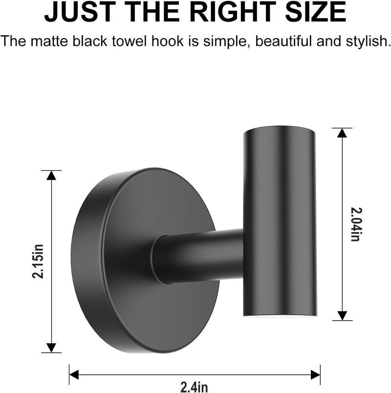 SetSail Towel Hooks for Bathrooms 4 Packs Screw-in Matte Black Bathroom Towel Hook Wall Mounted Stainless Steel Shower Towel Hooks for Coat Hanging, Drill Hole - Image 2